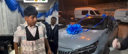 Video: Un auto 0 km, miles de pesos argentinos y dólares, los regalos a un joven boliviano en Argentina